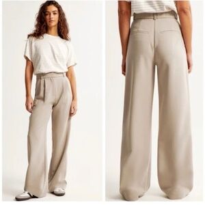Abercrombie and Fitch Curve Love A&F Sloane Tailored Wide Leg Pant in Beige